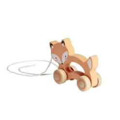 Animal à roulettes renard en bois orange H12cm