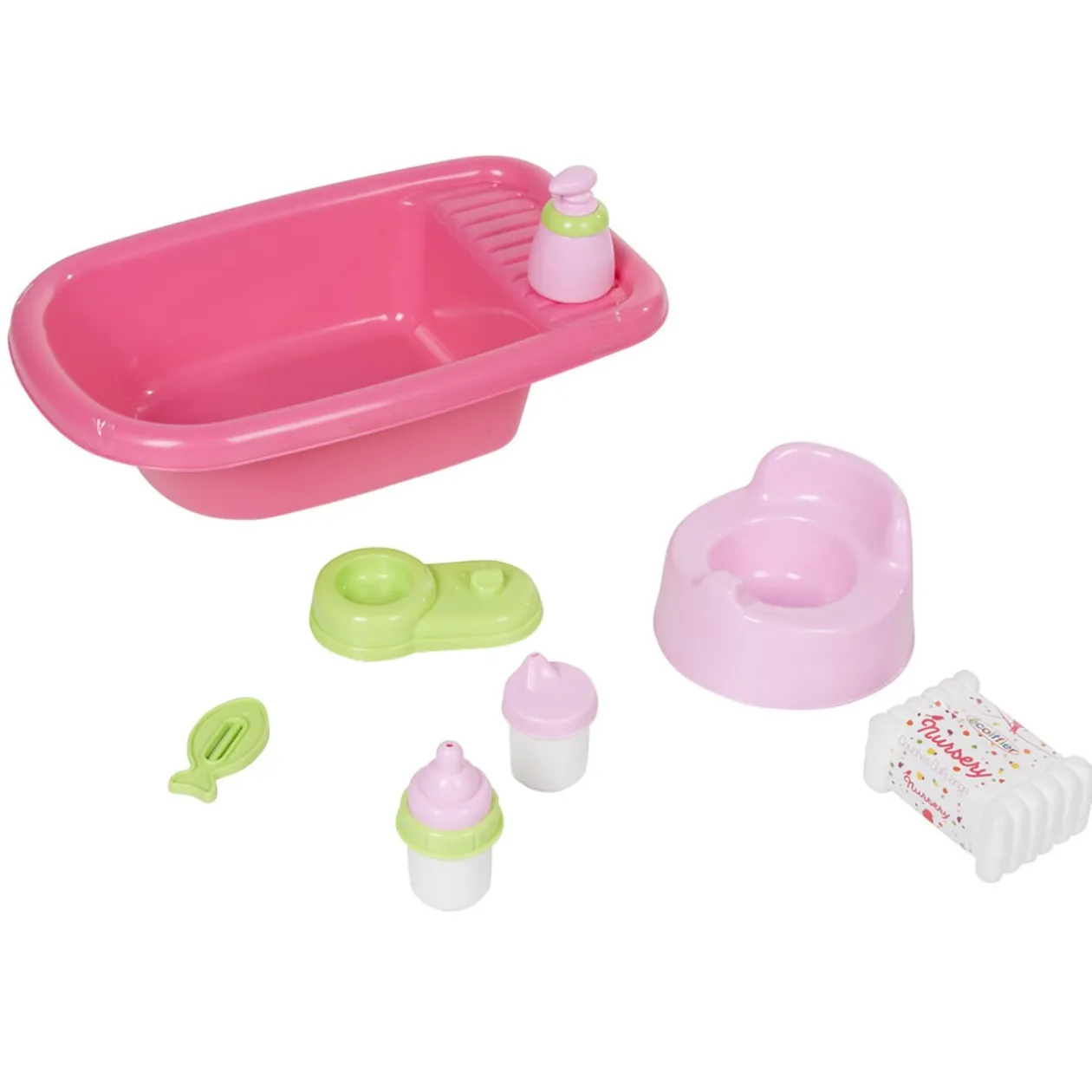Baignoire rose garnie d'accessoires pour poupon