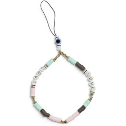 Bijou de téléphone perles doré blanc vert L17cm