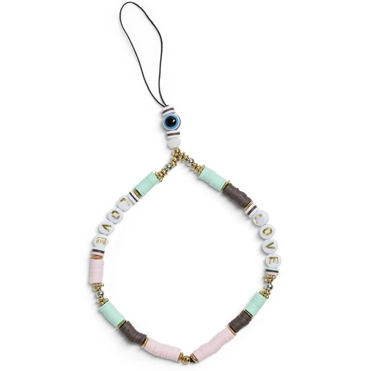 Bijou de téléphone perles doré blanc vert L17cm