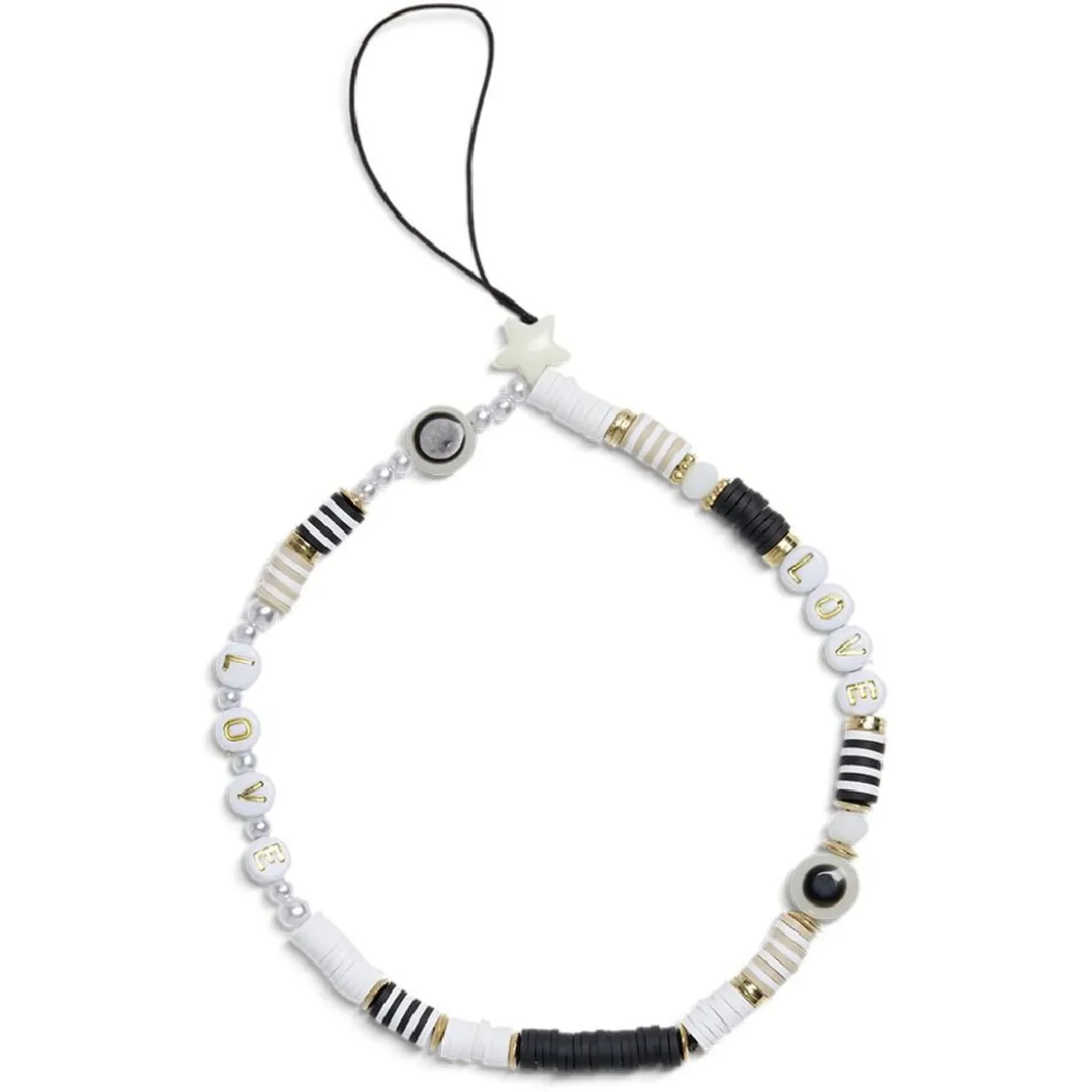 Bijou de téléphone perles doré blanc noir L17cm