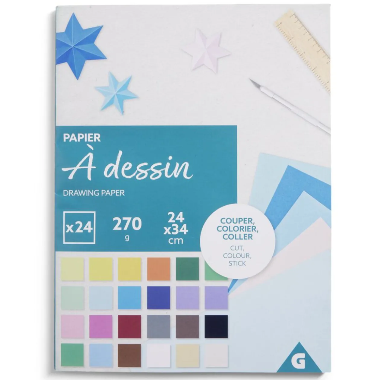 Bloc de 24 feuilles à dessin 24x34cm papier multicolore 270g