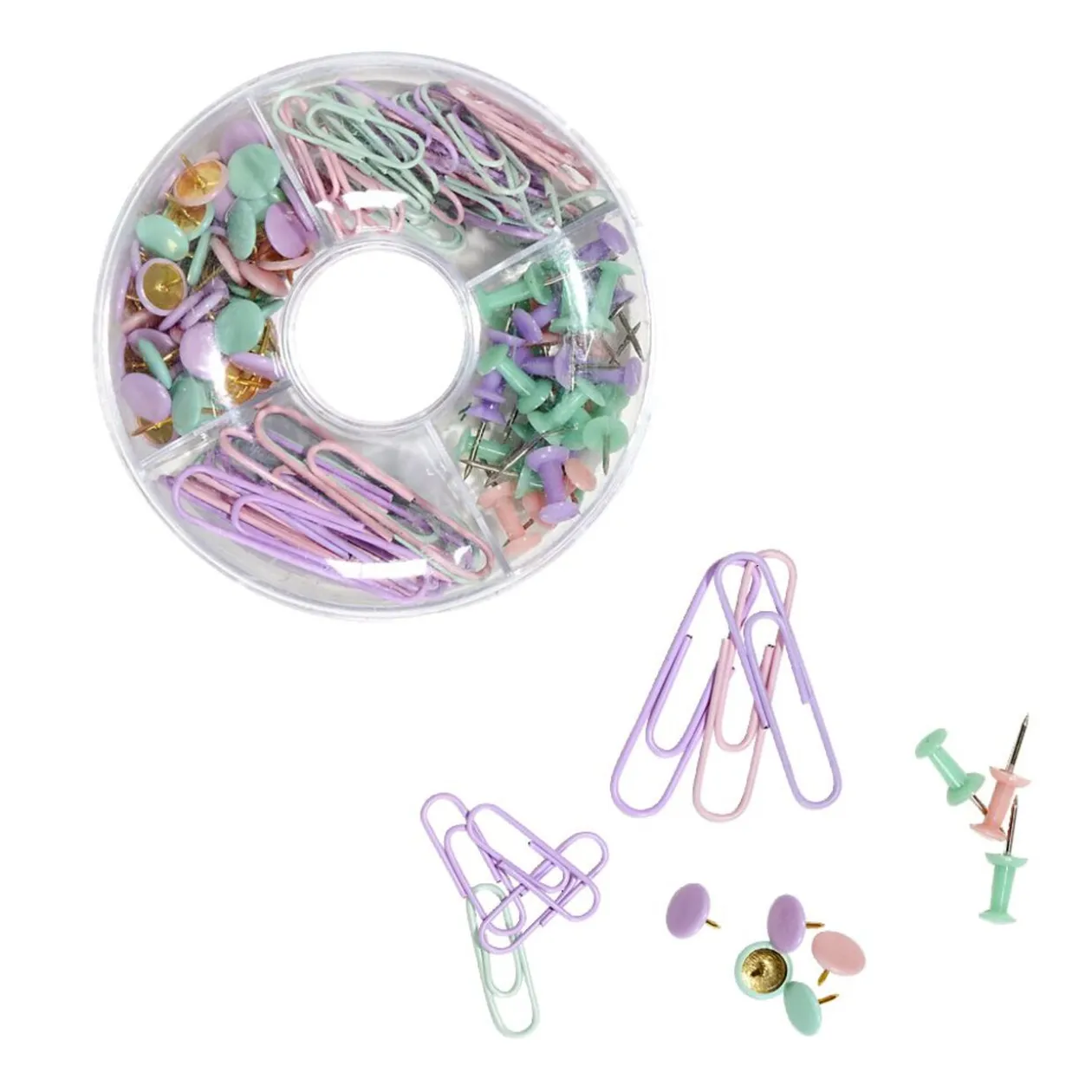 Boîte fournitures bureau avec punaises et trombones