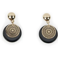 Boucles d'oreilles double disque noir + filigrane doré