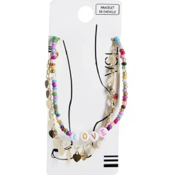 Bracelet 2 rangs pampilles dorées et perles avec mot LOVE multicolore