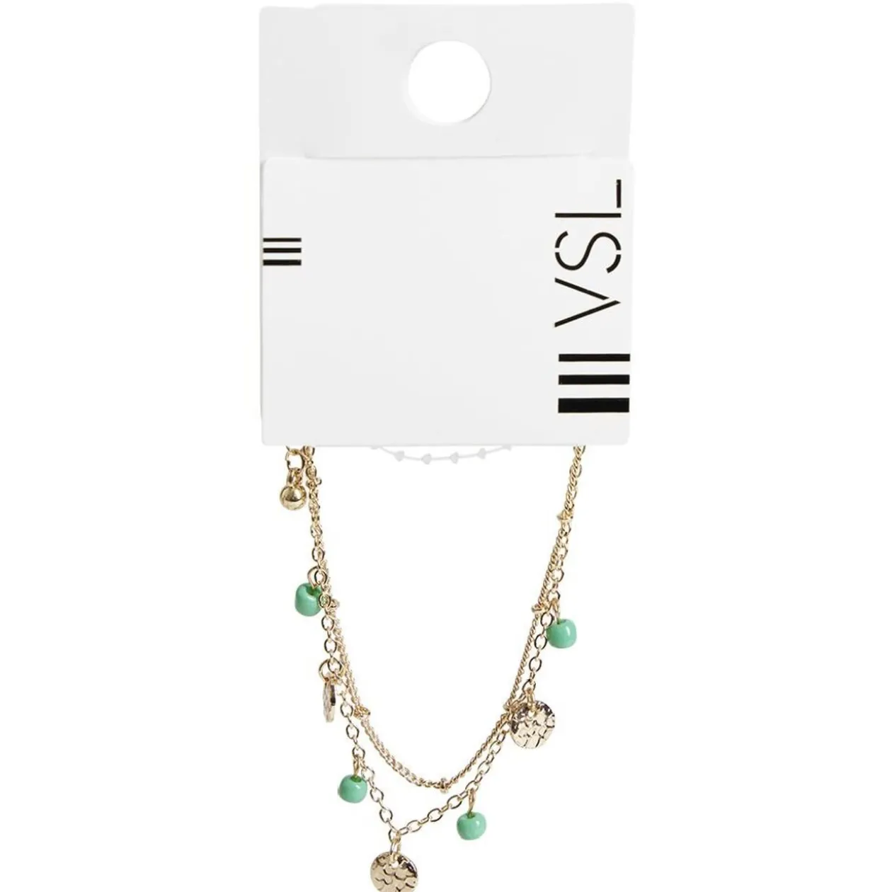 Bracelet chaîne 2 rangs avec pampilles dorées et perles vertes