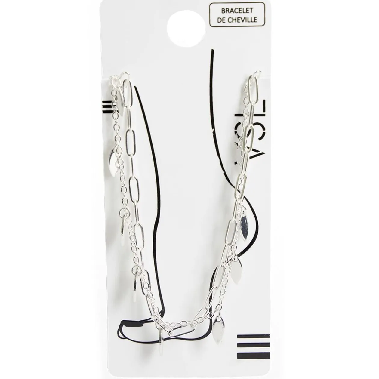 Bracelet chaîne de cheville 2 rangs maille simple et plumes argenté