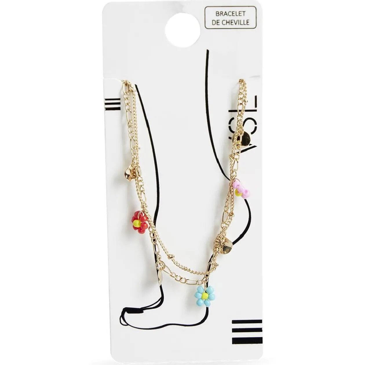 Bracelet de cheville 2 rangs pastilles dorées et fleurs multicolores