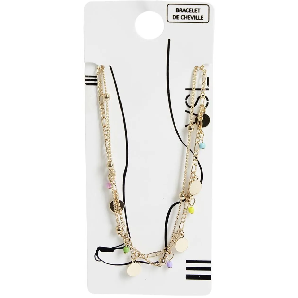 Bracelet de cheville 2 rangs pastilles dorées et perles multicolores