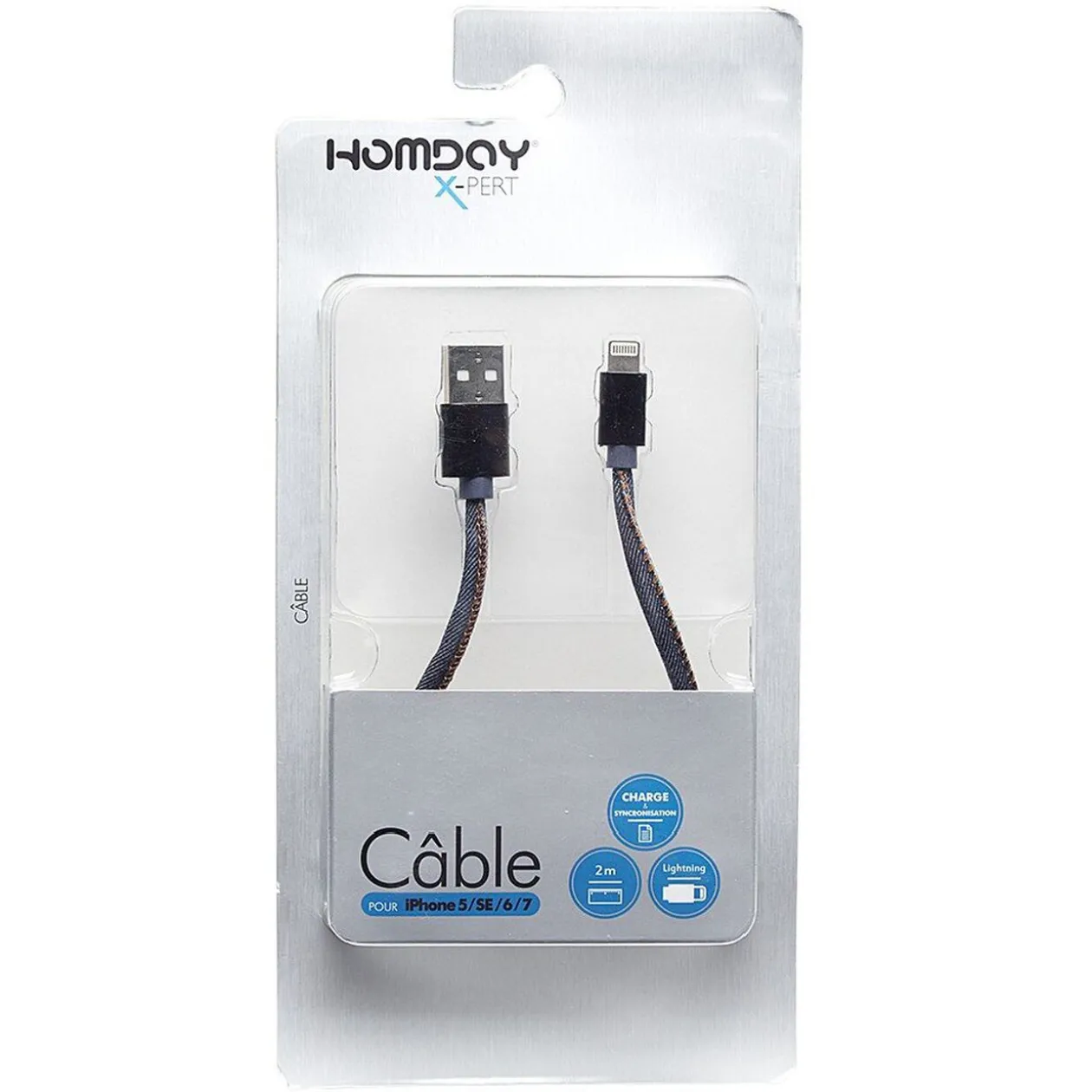 Cable de Chargeur cordon Jean's 2m pour Iphone 5/SE/6/7