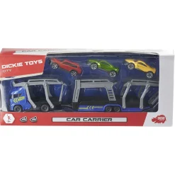 Camion transporteur et voitures gris et bleu