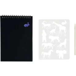 Carnet à gratter noir 8 pages pages + 1 pochoir + bâtonnet bois