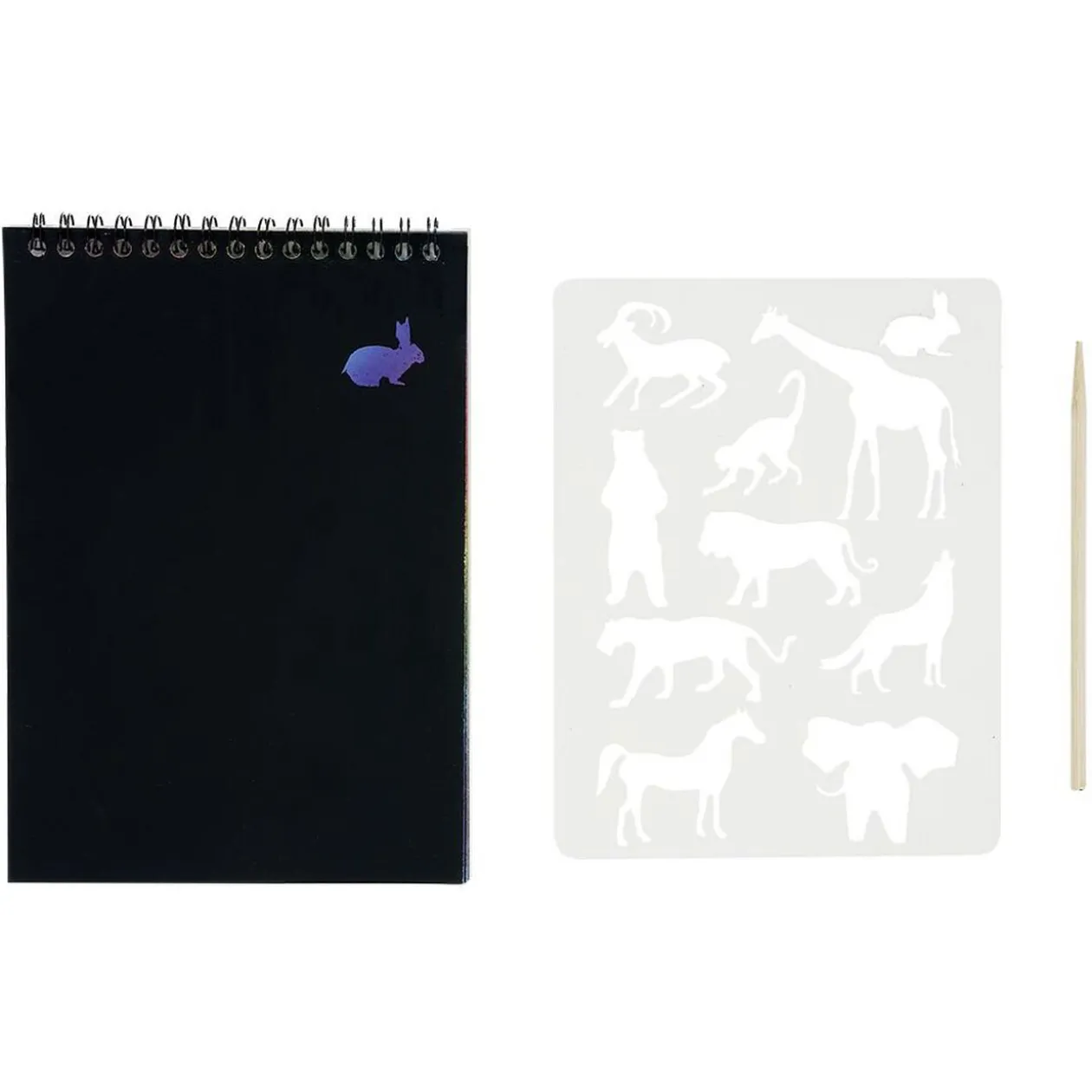 Carnet à gratter noir 8 pages pages + 1 pochoir + bâtonnet bois