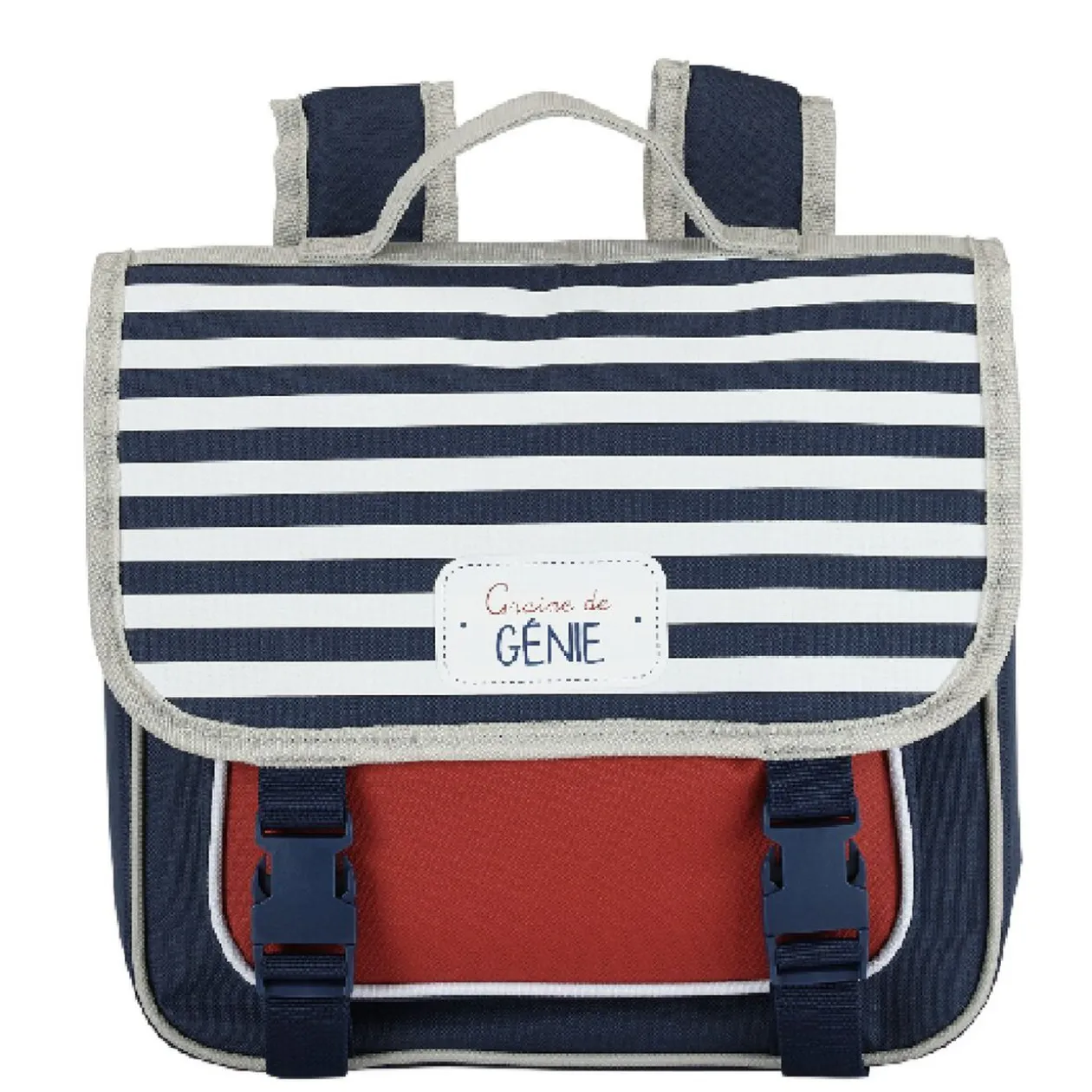 Cartable maternelle bleu rouge avec rabat rayé blanc bleu