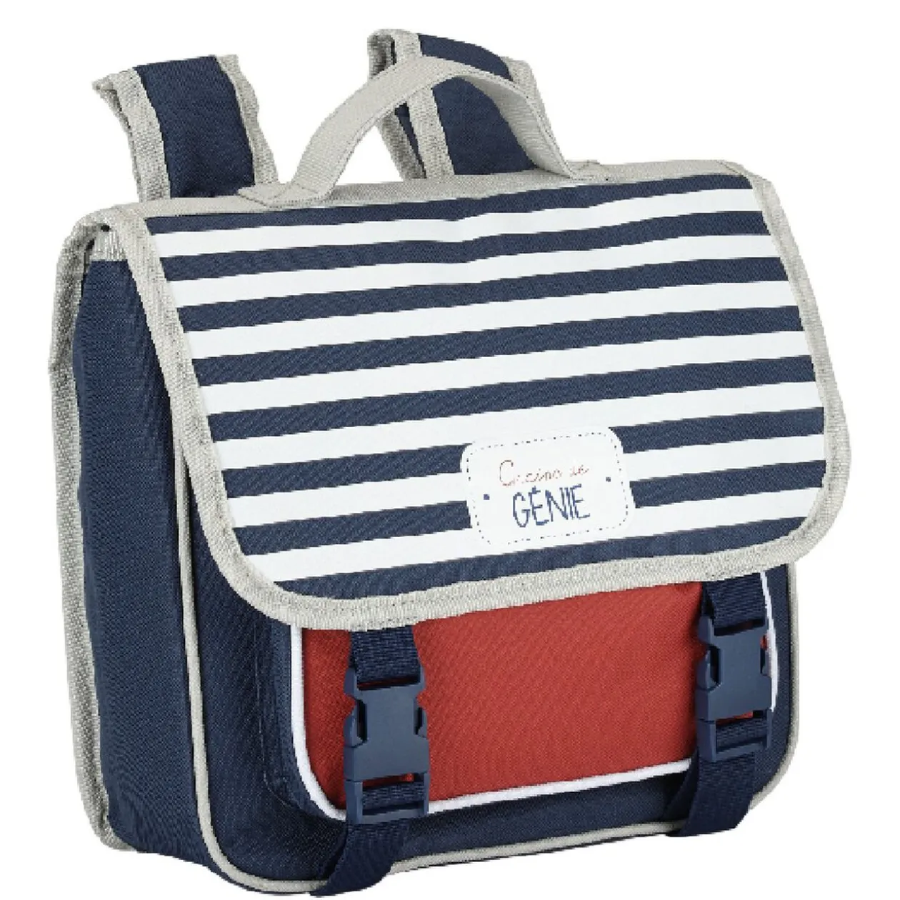 Cartable maternelle bleu rouge avec rabat rayé blanc bleu