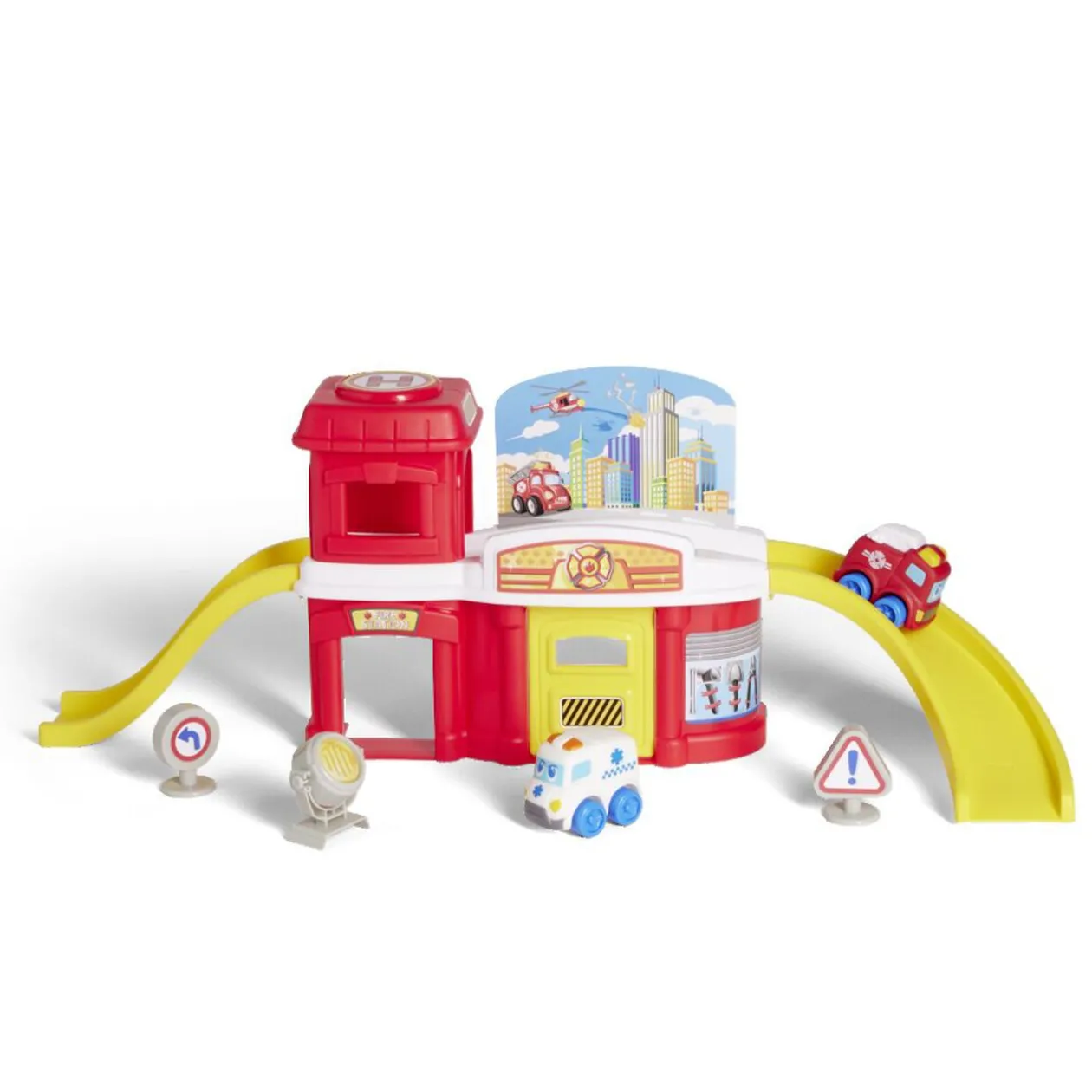 Caserne de pompier 11 pièces 2 véhicules 60,5x19xH22,2cm