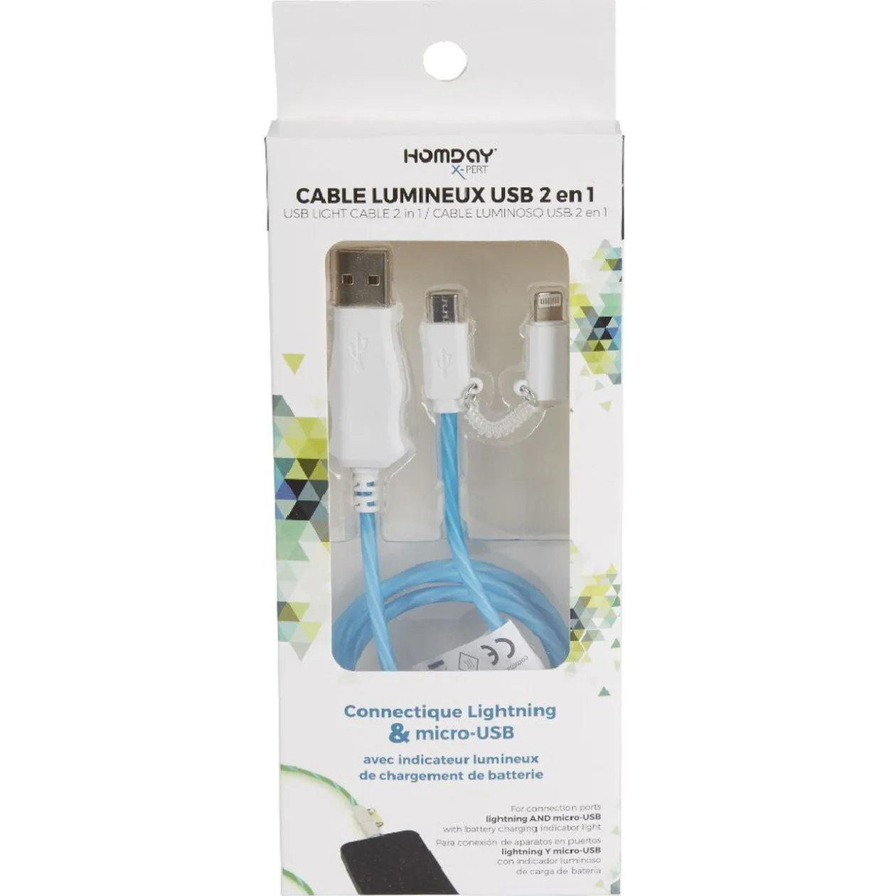 Câble de charge USB 2en1 lumineux 1M