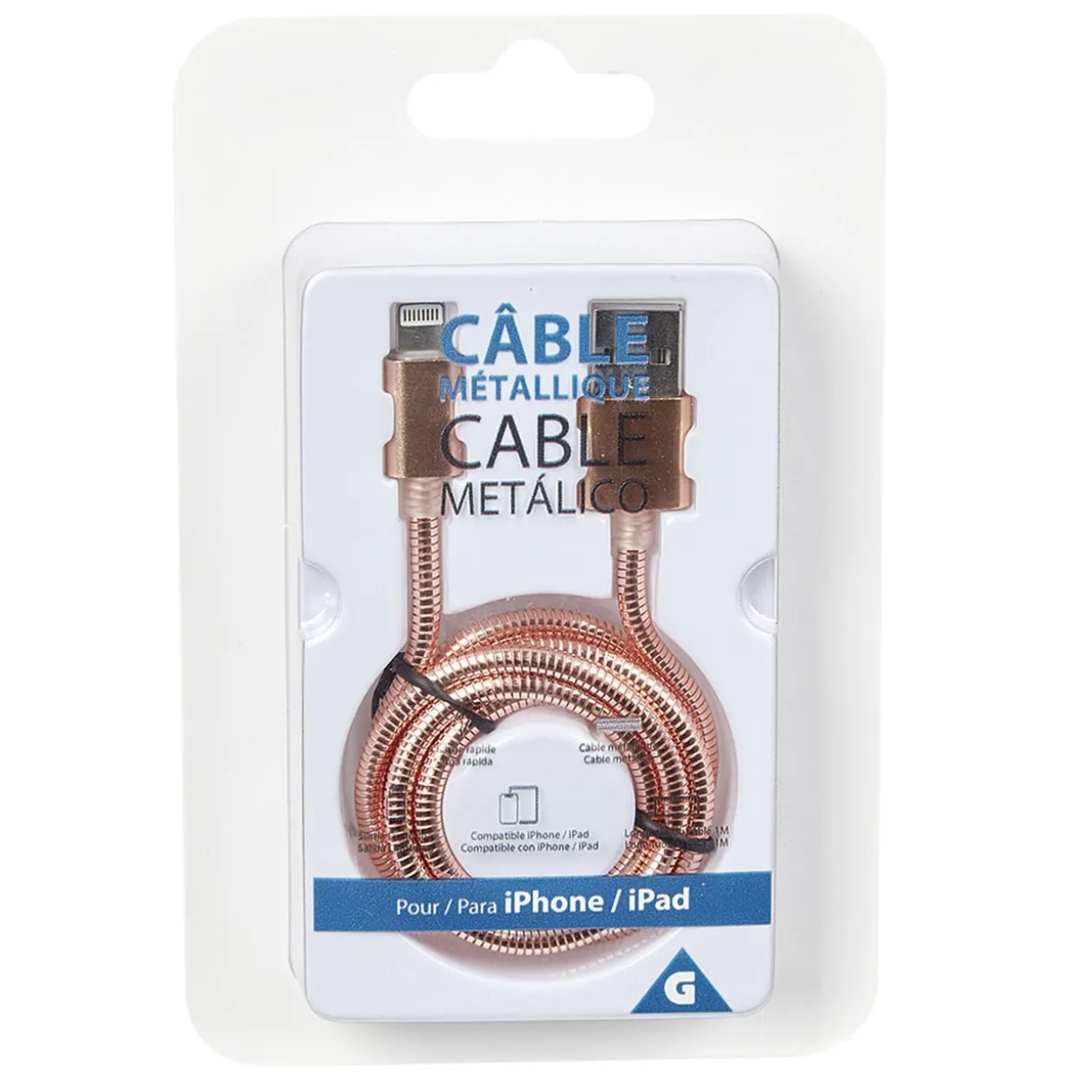 Câble Lightining métal Rose charge rapide pour iPhone et iPad