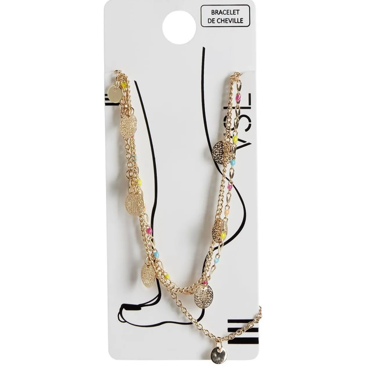 Chaîne de cheville 3 rangs pampilles filigrane doré perles multicolores