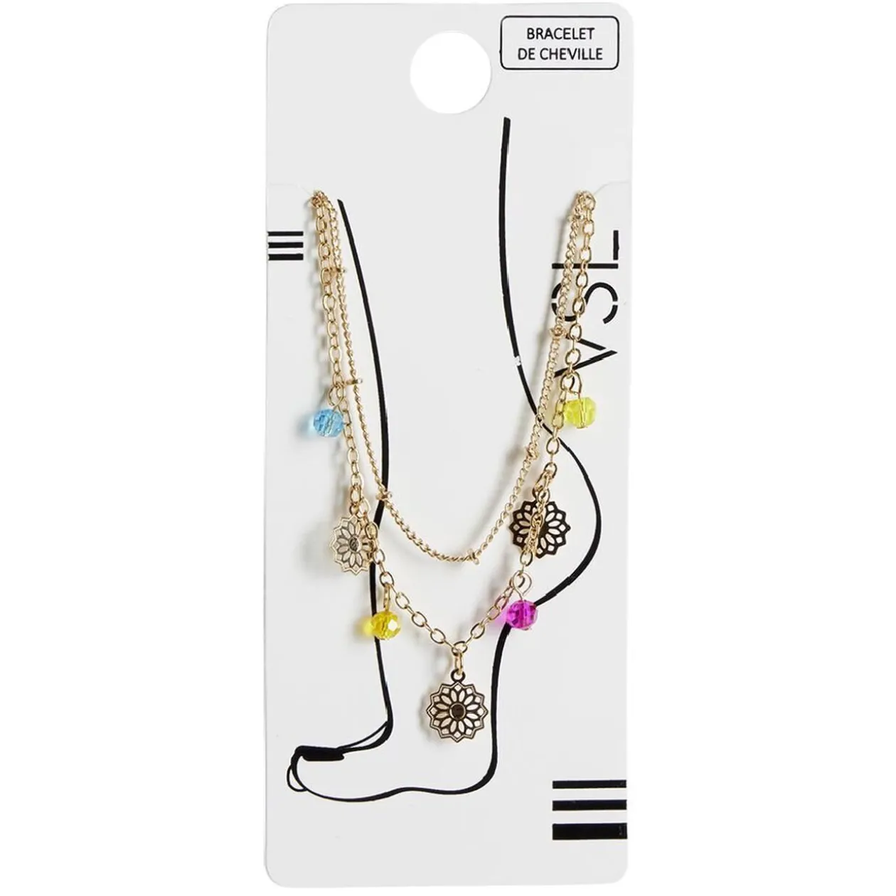 Chaîne de cheville 2 rangs pampilles filigrane doré perles multicolores