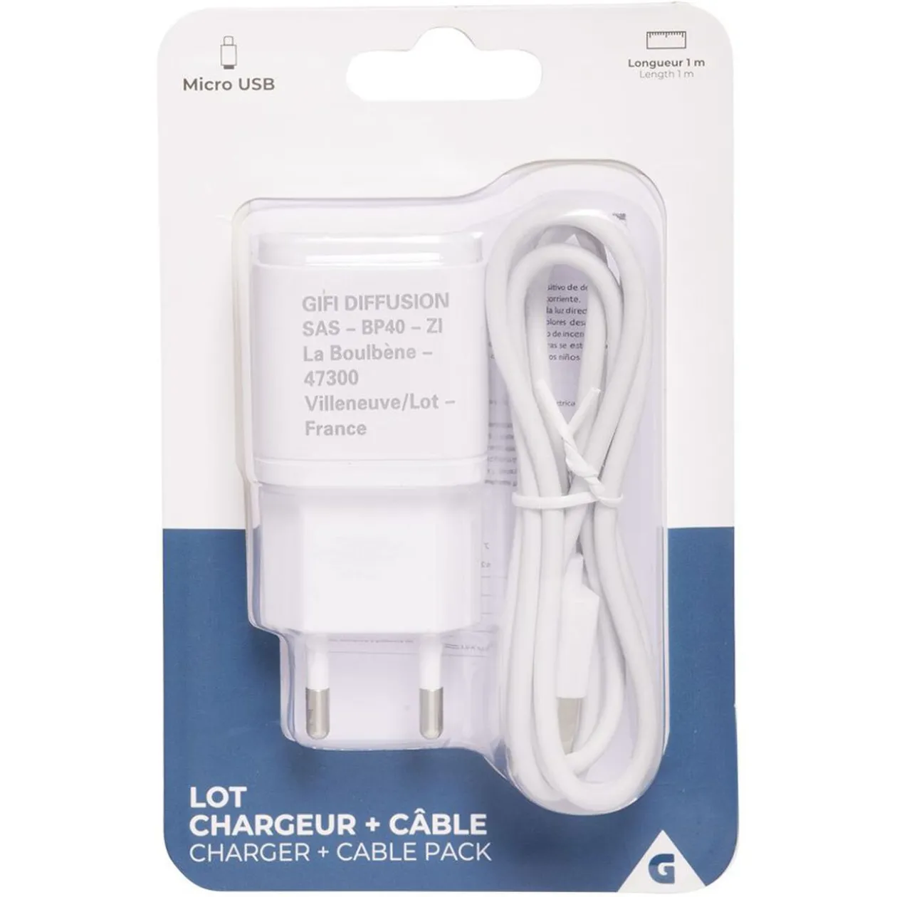 Chargeur micro usb prise secteur et câble 1 m