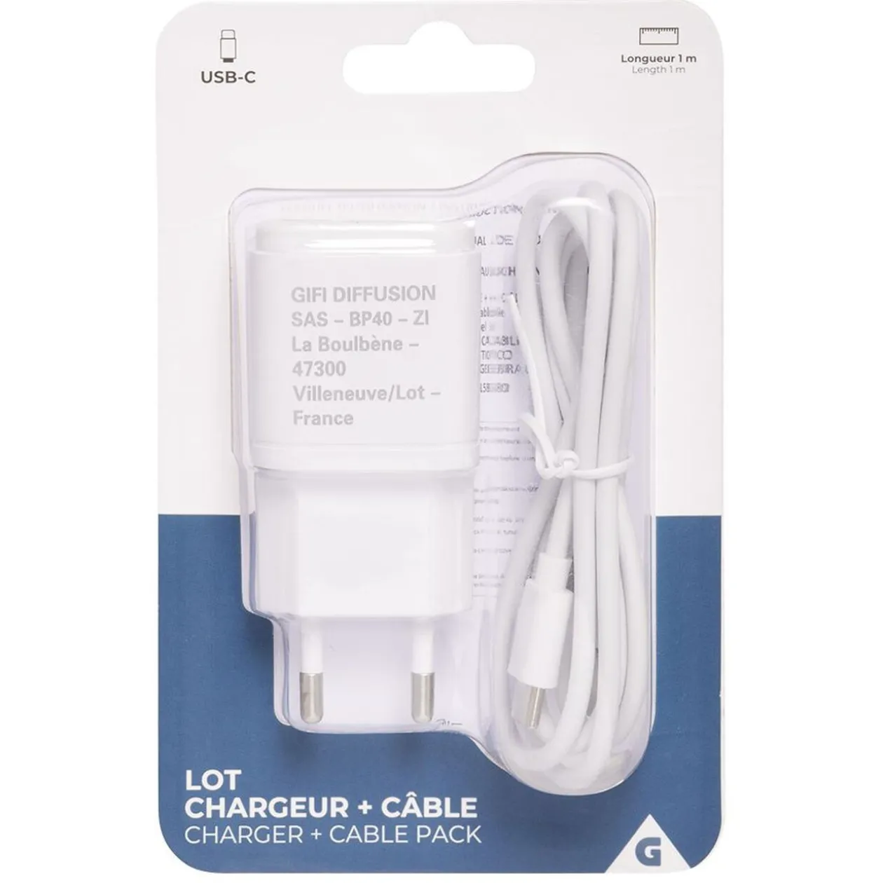 Chargeur USBC prise secteur et câble 1 m