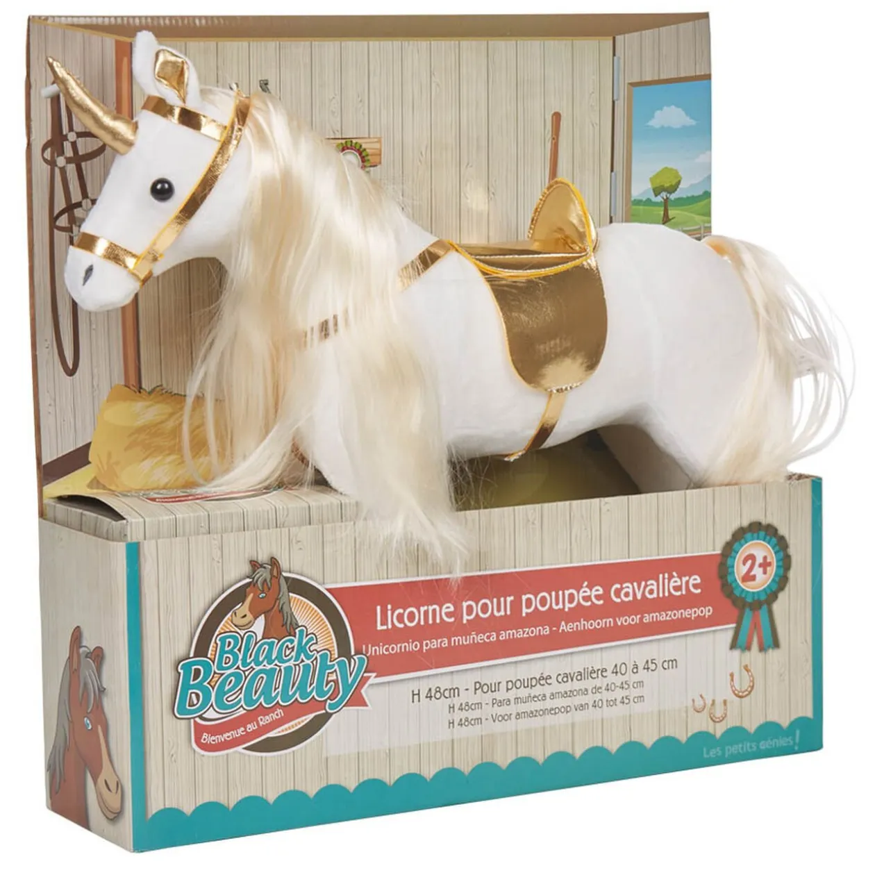 Cheval licorne pour poupée cavalière blanc doré