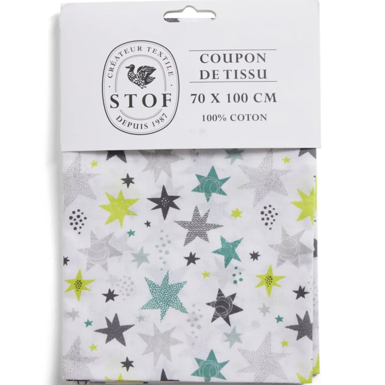 Coupon tissu imprimé Adara 70x100cm coton blanc et vert