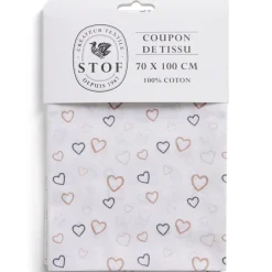 Coupon tissu imprimé coeurs 70x100cm coton blanc