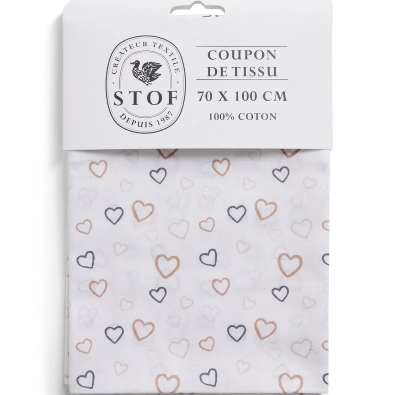 Coupon tissu imprimé coeurs 70x100cm coton blanc
