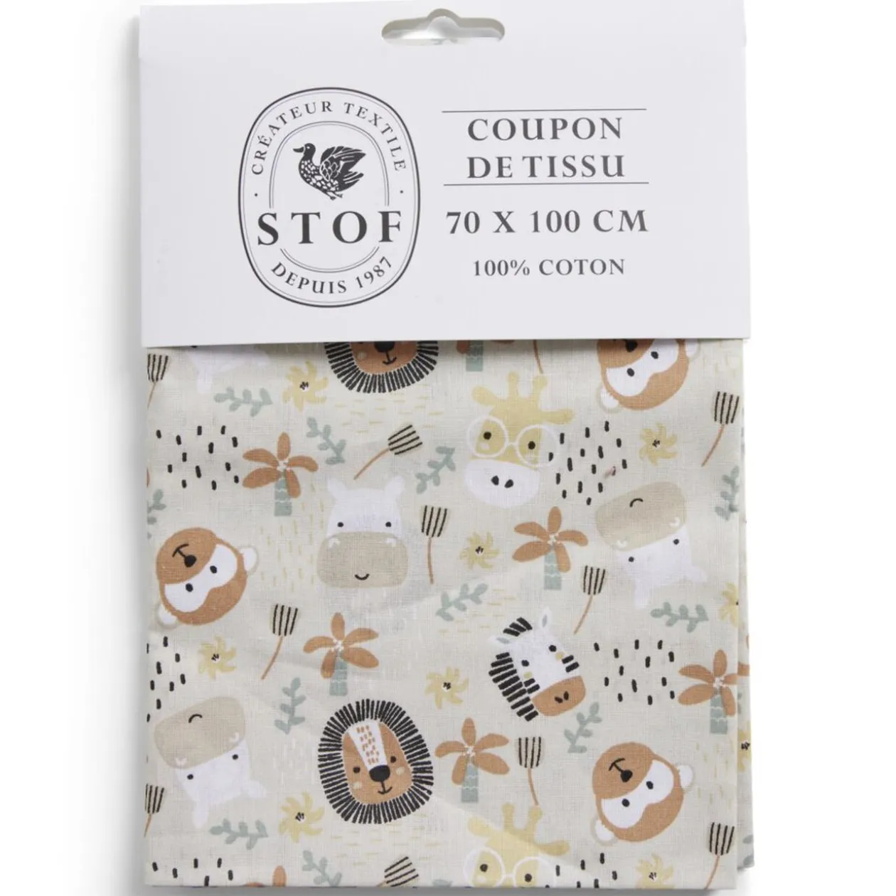 Coupon tissu imprimé Cokinou 70x100cm coton beige