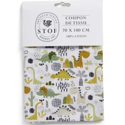 Coupon tissu imprimé dinosaures 70x100cm coton blanc, vert et orange