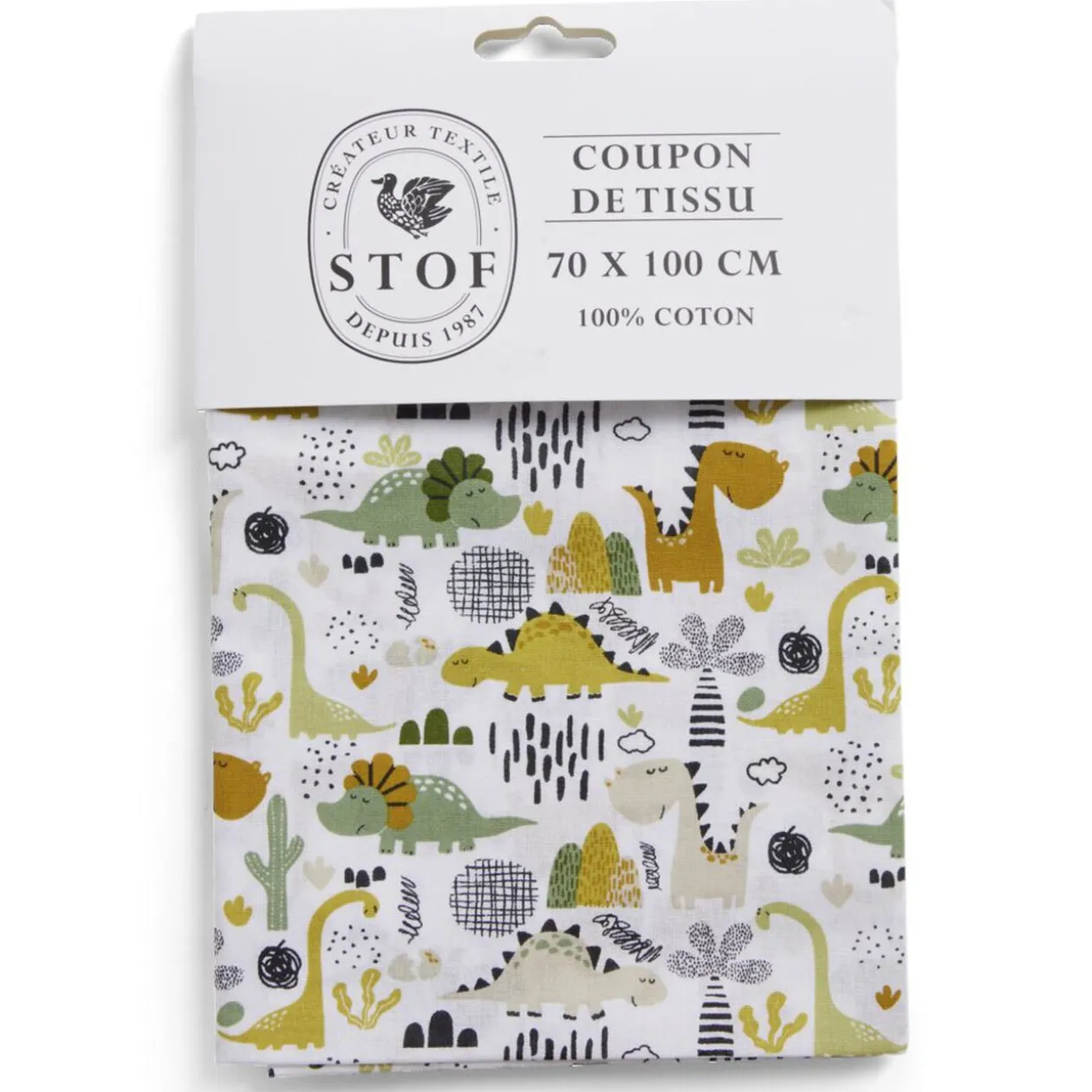 Coupon tissu imprimé dinosaures 70x100cm coton blanc, vert et orange