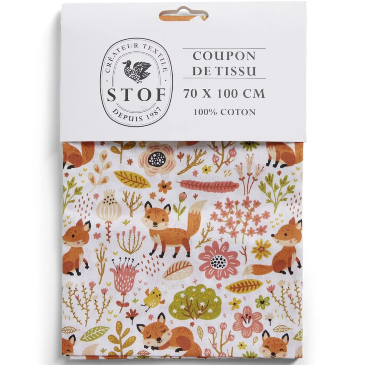 Coupon tissu imprimé Foxy Roux 70x100cm coton blanc, rose et orange