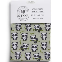Coupon tissu imprimé panda 70x100cm coton vert, noir et blanc
