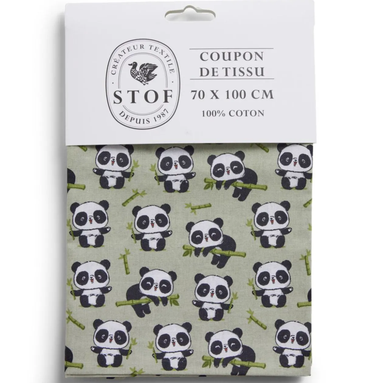Coupon tissu imprimé panda 70x100cm coton vert, noir et blanc