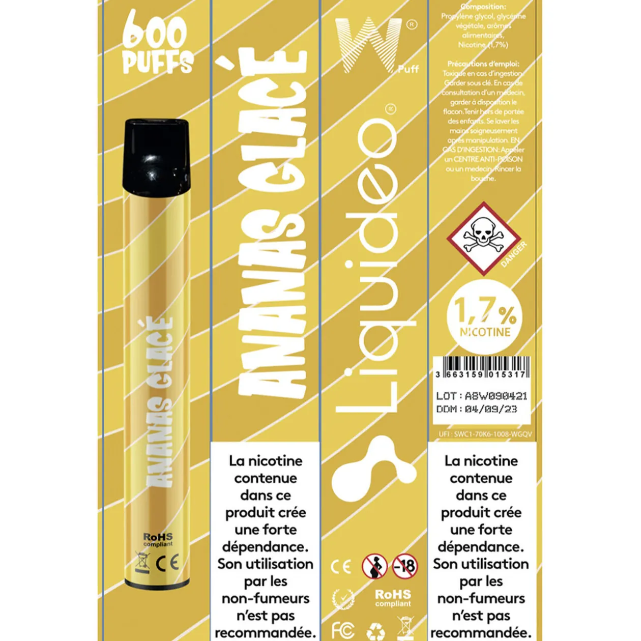 E-cigarette jetable ananas glacé 2 ml 1.7% nicotine