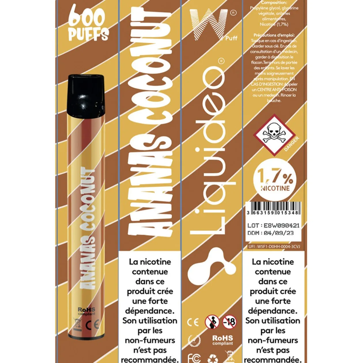 E-cigarette jetable ananas coconut 2 ml 1.7% nicotine