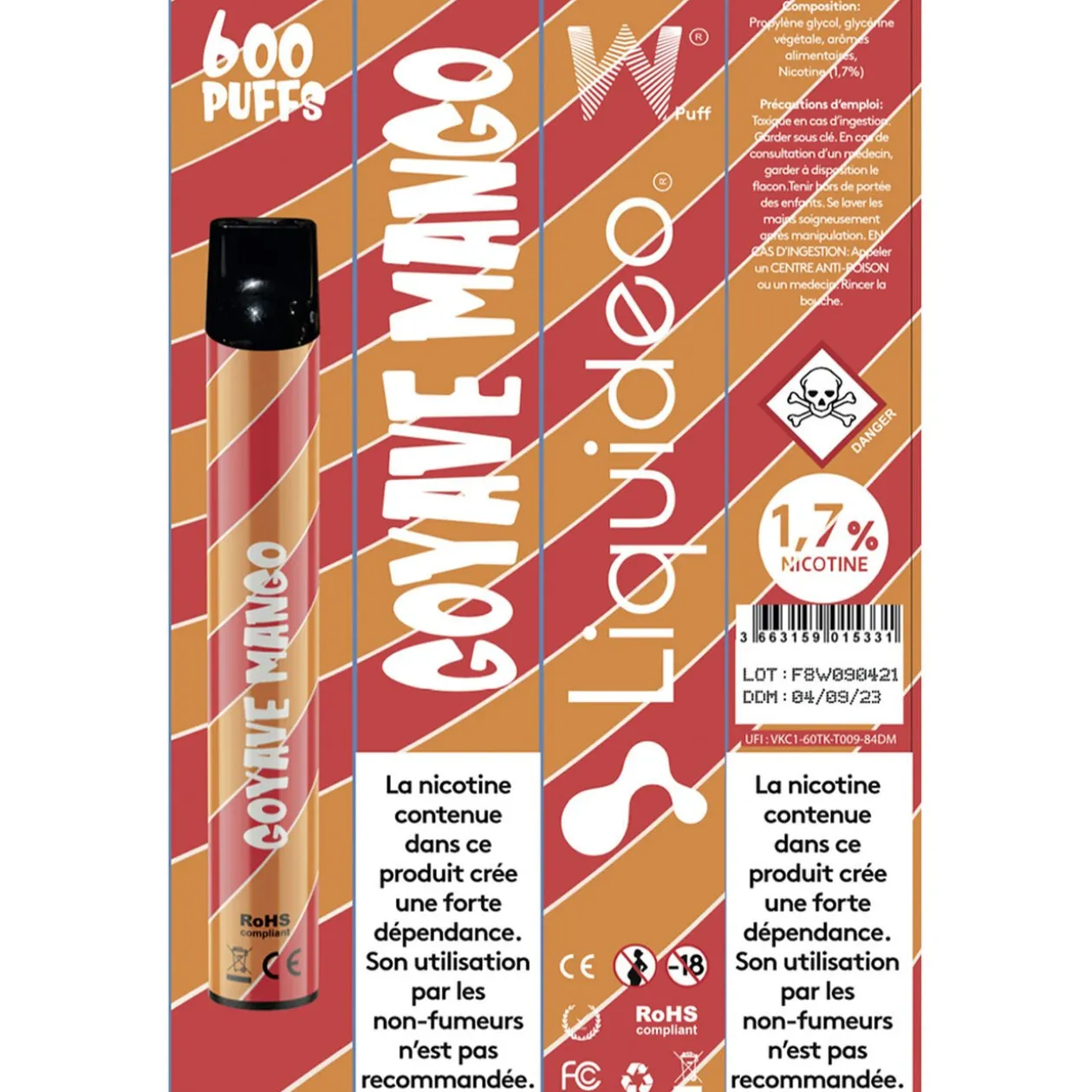 E-cigarette jetable goyave mangue 2 ml 1.7% nicotine