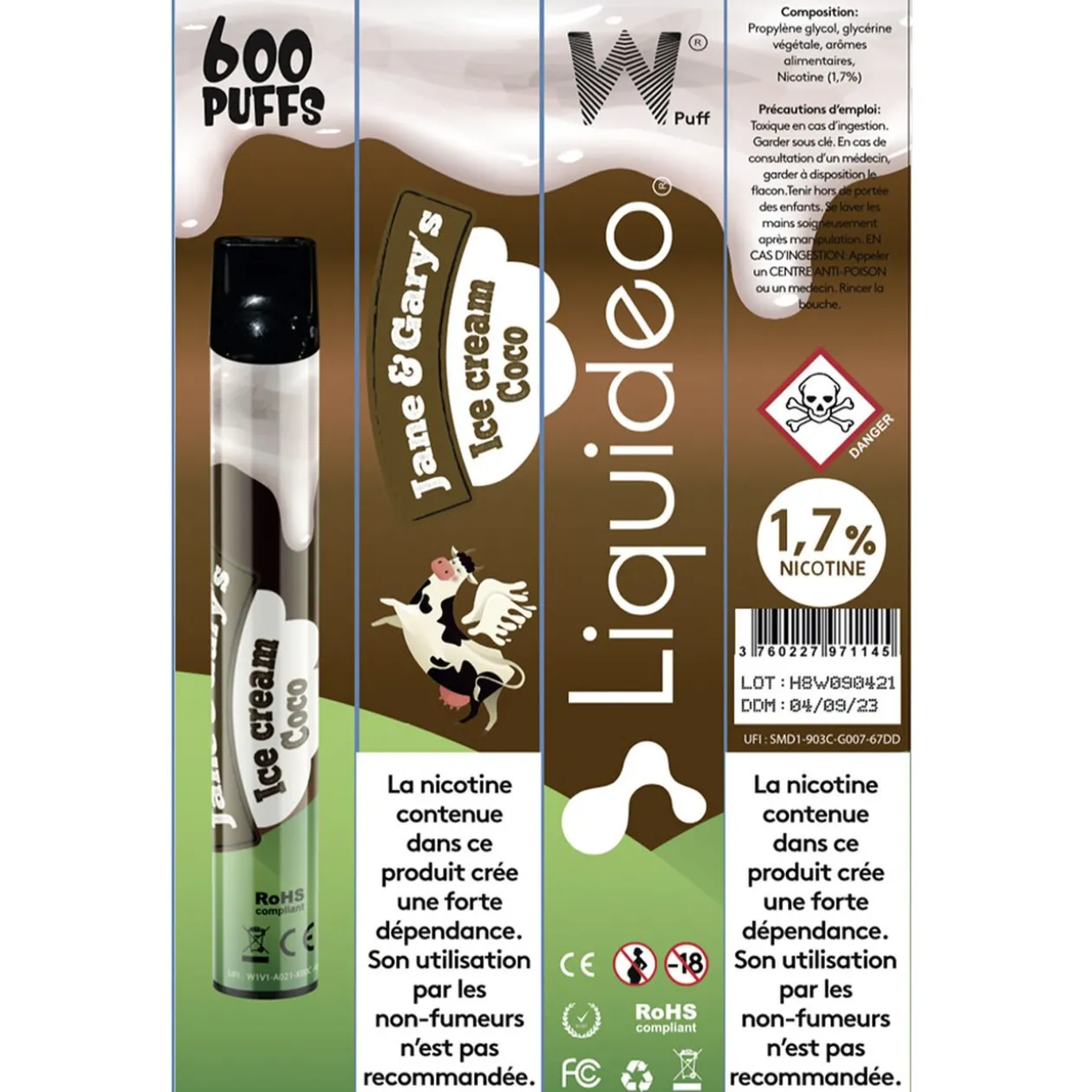 E-cigarette jetable ice cream coco 2 ml 1.7% nicotine
