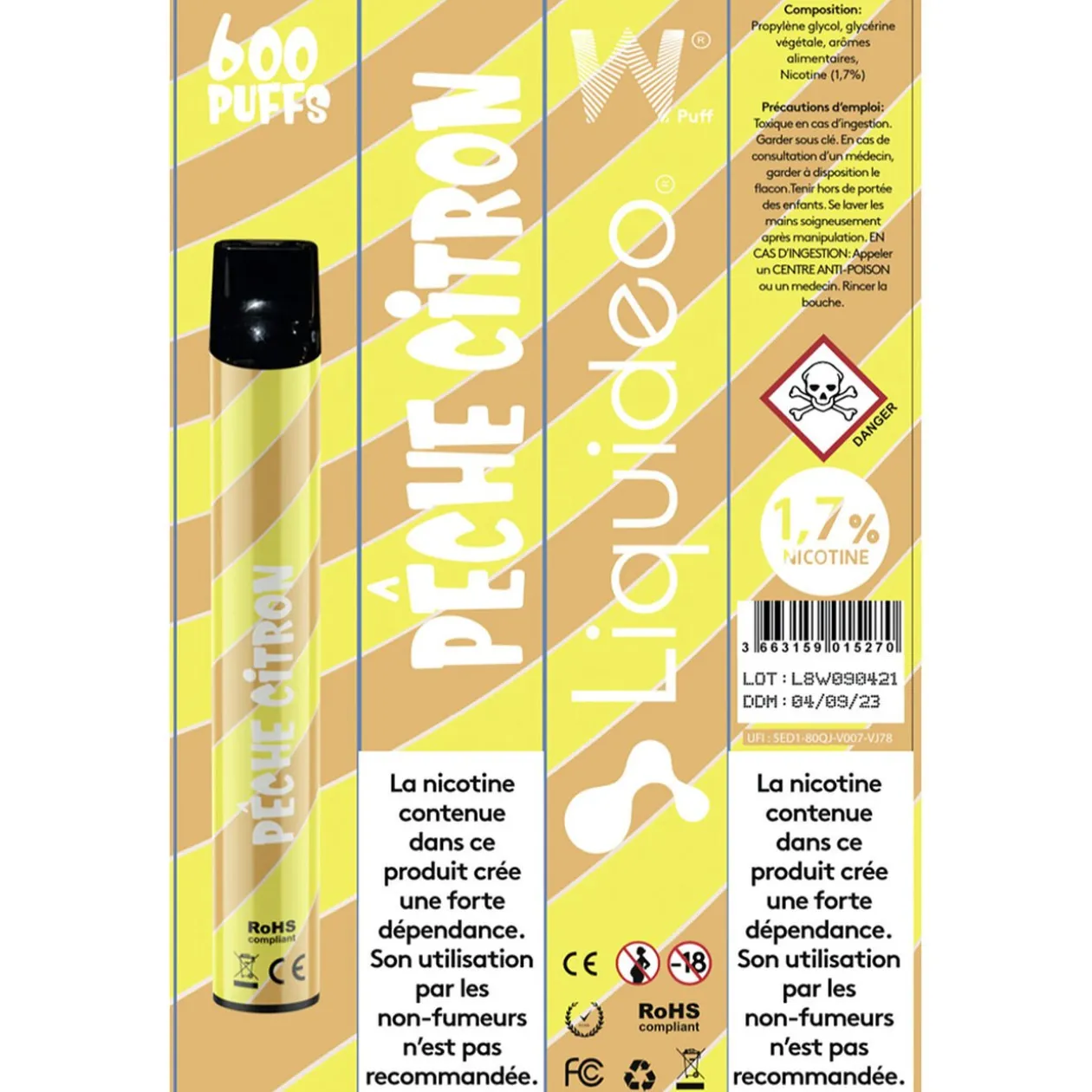 E-cigarette jetable pêche citron 2 ml 1.7% nicotine