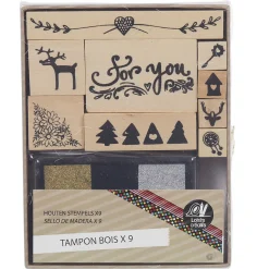 Encreur 3 couleurs avec 9 tampons bois thème Noël