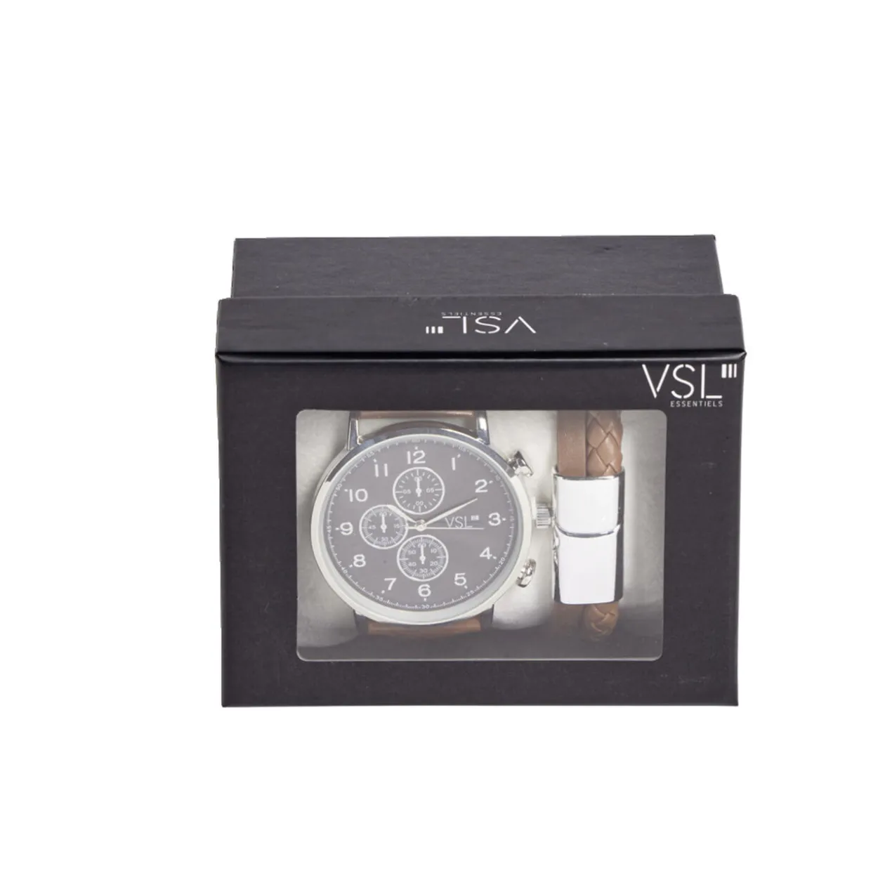 Ensemble montre et bracelet homme simili marron