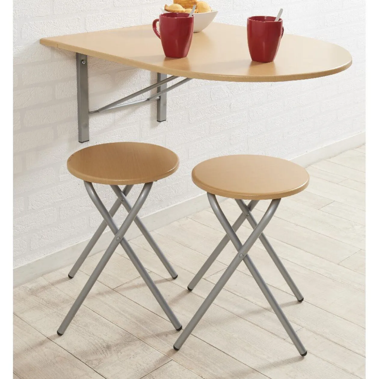 Ensemble table pliante murale et 2 tabourets