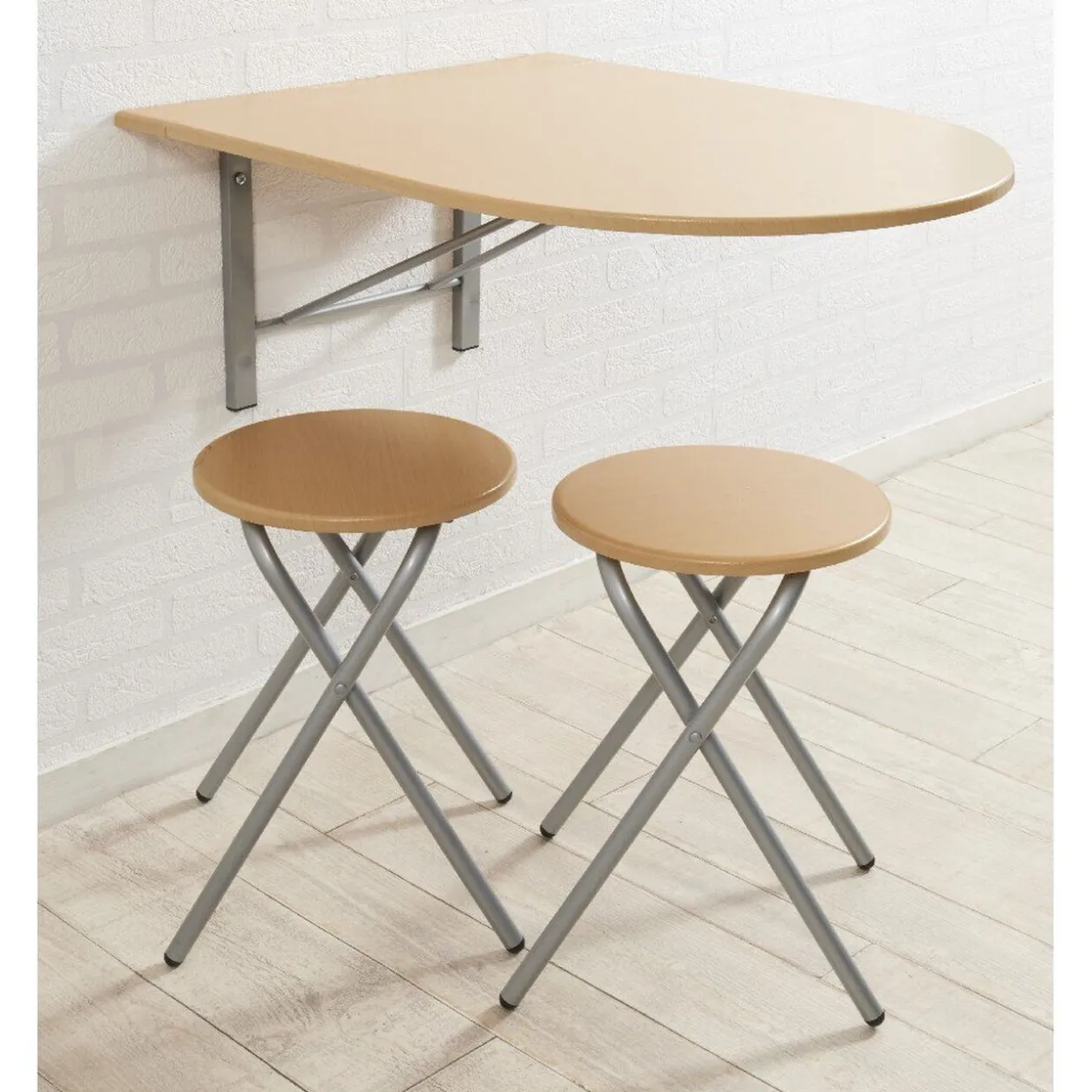 Ensemble table pliante murale et 2 tabourets
