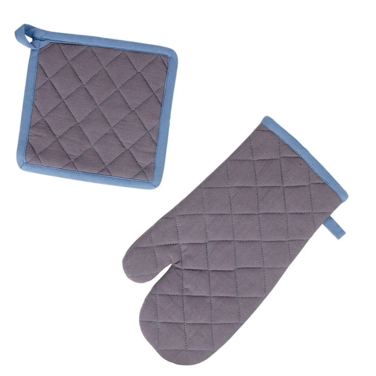 Gant de cuisine et manique gris bordure bleu