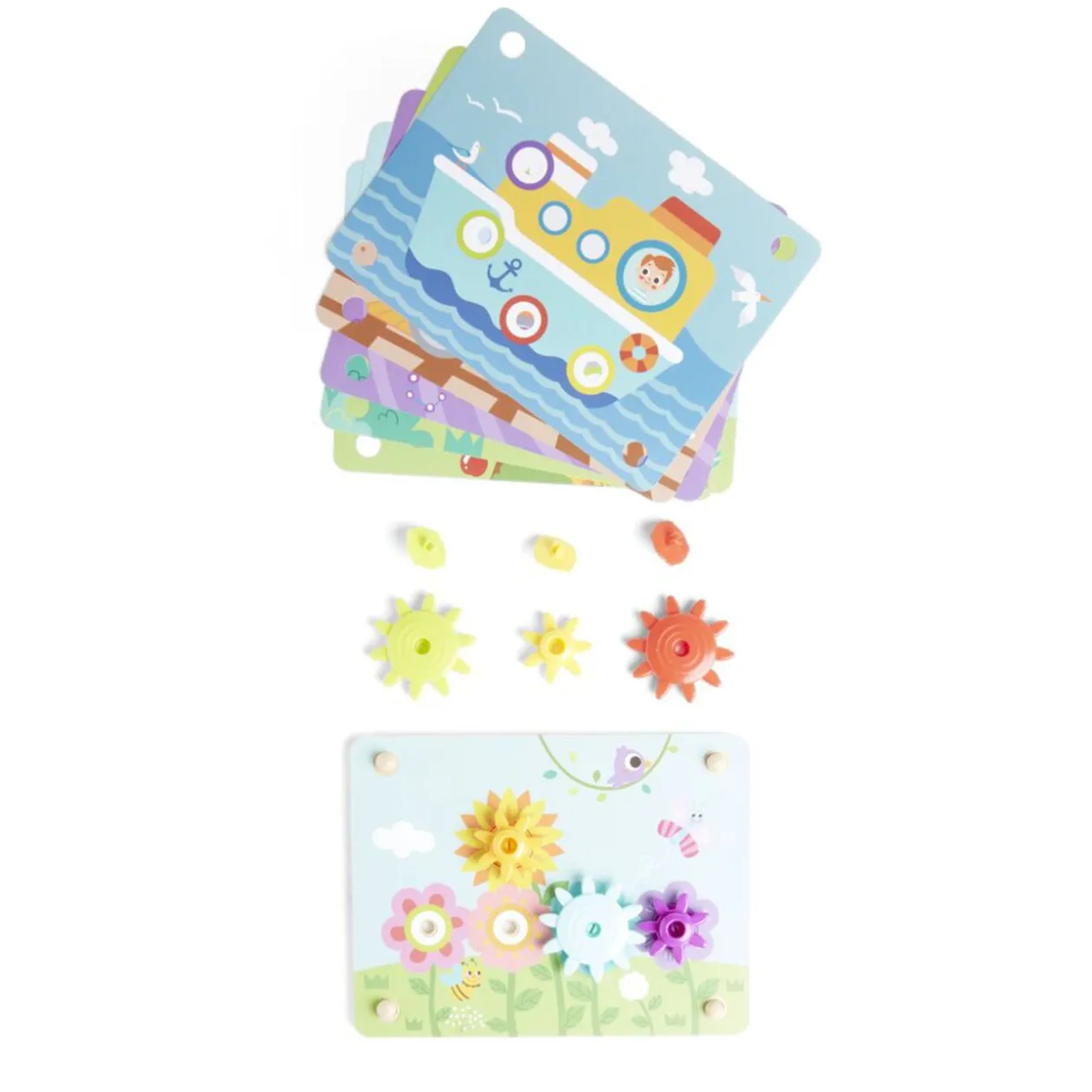 Jeu d'engrenage avec cartes en bois 19 pièces