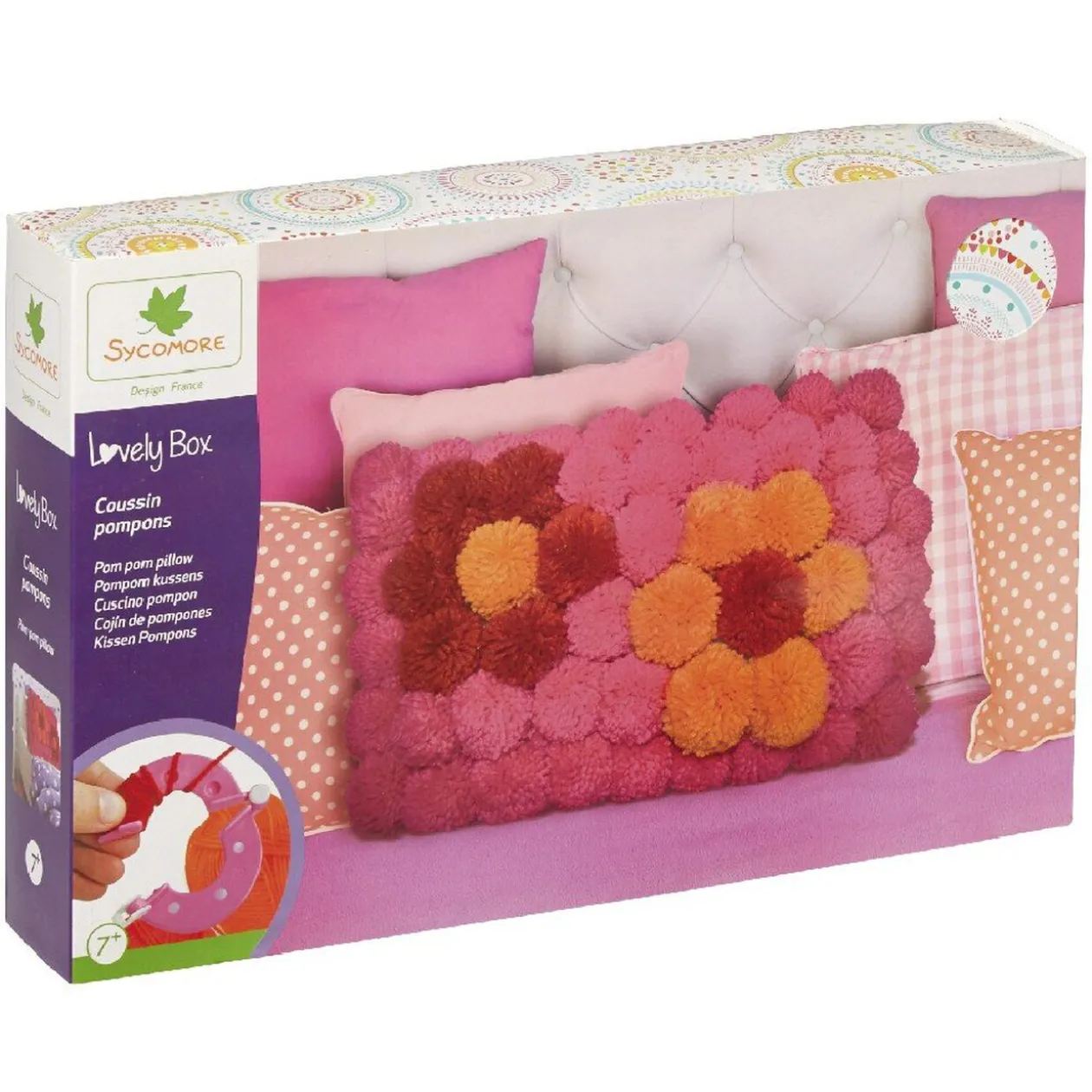 Kit création Lovely Box coussin pompons laine rose et orange