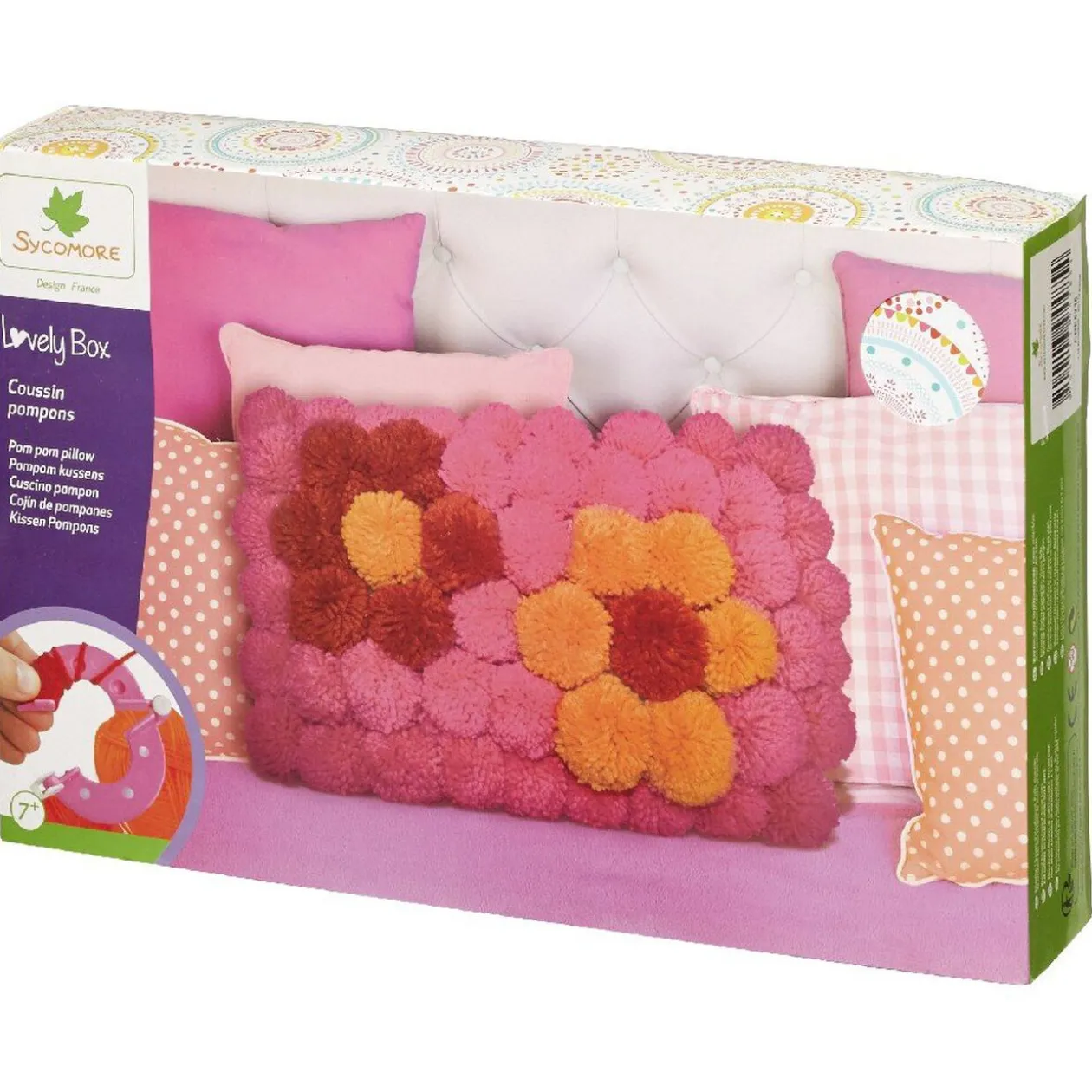 Kit création Lovely Box coussin pompons laine rose et orange