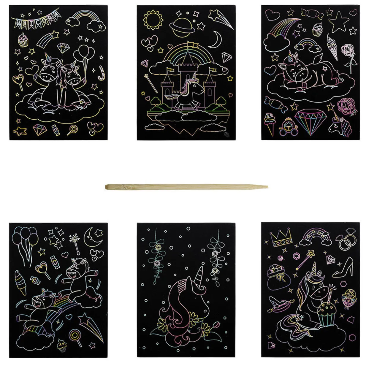 Lot de 6 feuilles à gratter thème licorne avec stylet en bois